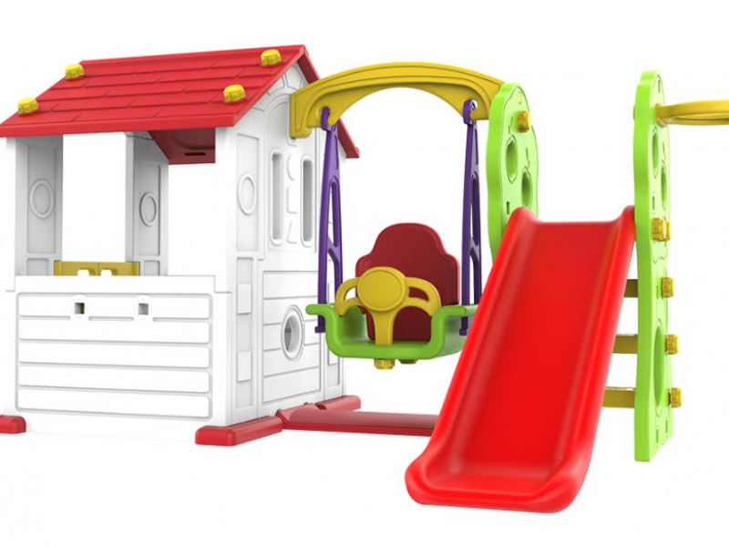 Πλαστικό παιδικό Σπιτάκι ToyMonarch με Κούνια, Τσουλήθρα και Μπασκέτα