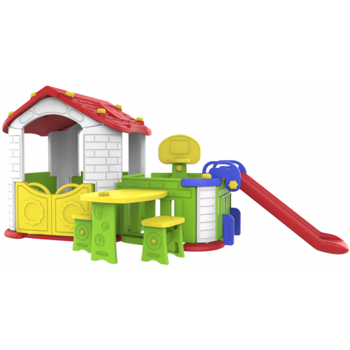 Πλαστικό παιδικό Σπιτάκι ToyMonarch με Κήπου, Τσουλήθρα, Μπασκέτα και τραπεζάκι με καρέκλες Πράσινο